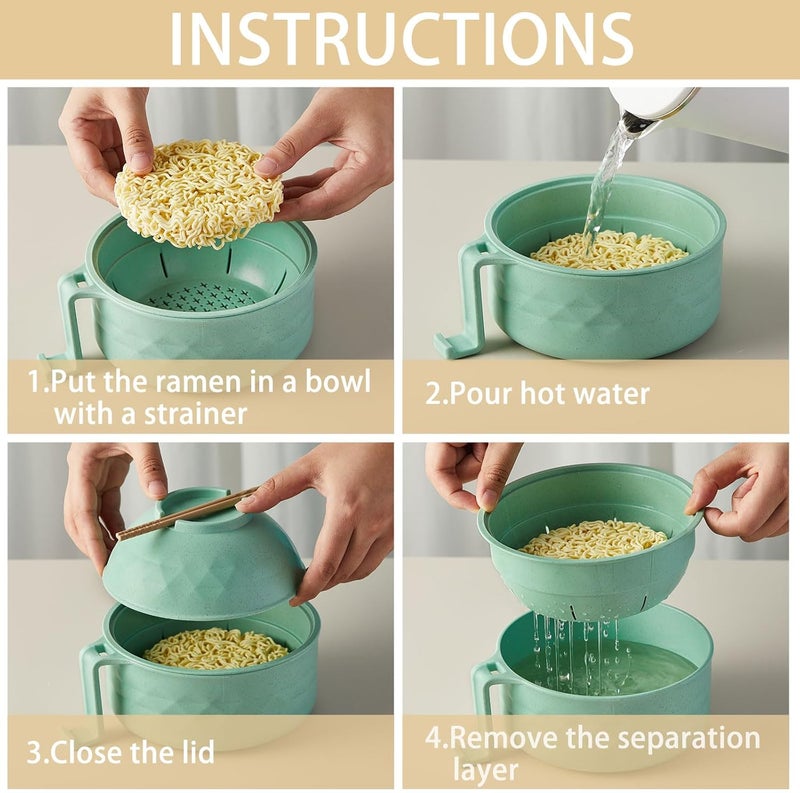 Romooa 2 Sets Microwave Ramen Bowl 33 oz Wheat Fiber Portable Instant Noodle Cooker Bowl with Handles Strainer Spoon Chopstick Fork College Dorm Room Apartment EssentialsGreenBlue - Image 4