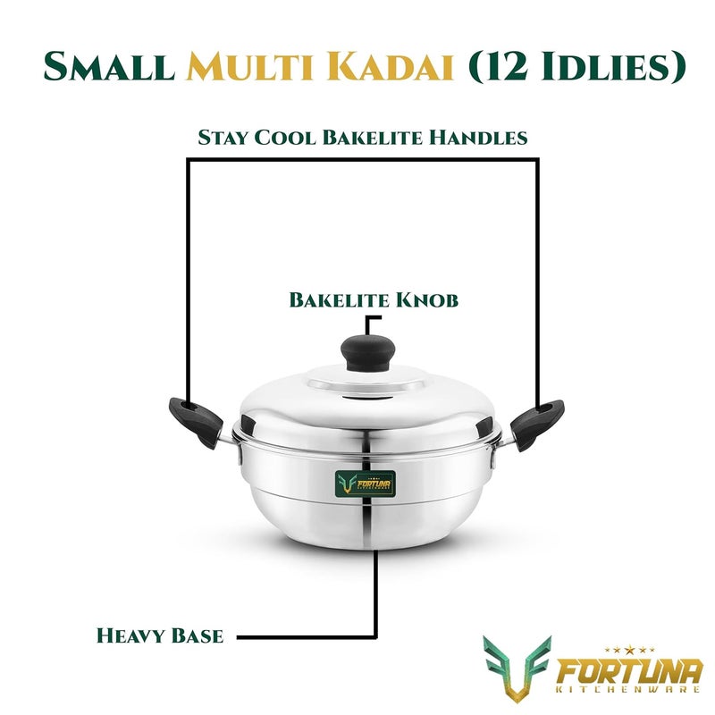 FORTUNA KITCHENWARE Fortuna Idli Steamer Stainless Steel | 3 Plate, 12 Idlis | Idli Pot/Idli maker stainless steel, Gas & Induction compatible | Small idli maker | Multi Kadai (12 Idly) - Image 2