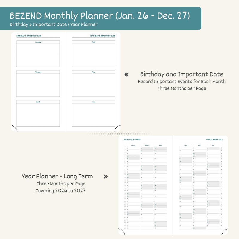 BEZEND Pocket Monthly Planner 2026-2027 (3.5" x 6.5") 2 Year Calendar Book for Purse with Note Pages, 100 GSM Paper, Inner Pocket, Pen Holder, Vegan Leather Hardcover in Red - Image 4
