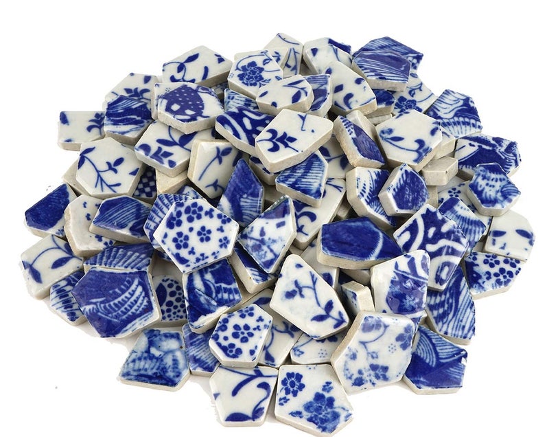 Lanyani Broken Ceramic China Tiles Assortment Blue and White Porcelain Pieces for Mosaic Craft Cover 11x11 inches