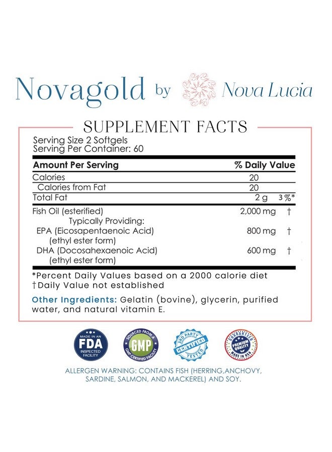 Nova Lucia Omega 3 Burpless Fish Oil Supplement 2000mg Max Strength Maintain Healthy Heart, Sharper Brain, Shiny Hair, Boost Immune System, High Potency EPA & DHA Vitamin E, Non-GMO 120 Small Liquid Softgels - Image 3