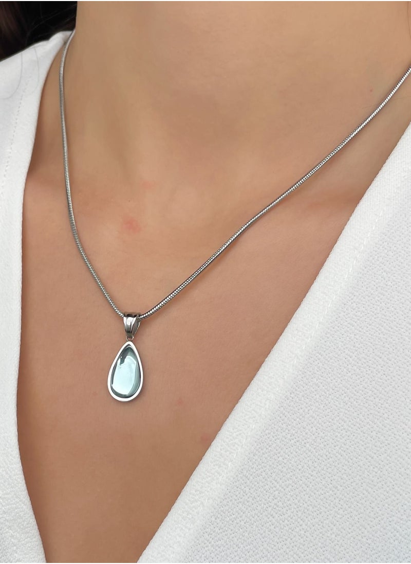 Clé de Lune Blue Sea Drop Crystal Pendant Silver Color Necklace  - Image 3