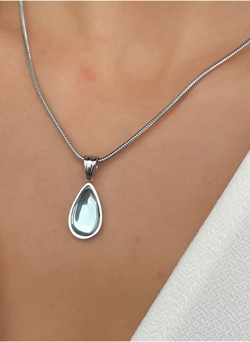 Clé de Lune Blue Sea Drop Crystal Pendant Silver Color Necklace  - Image 2