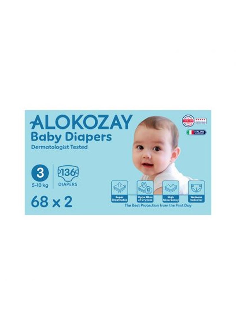 Alokozay Premium Baby Diapers - Size 3 5-10 Kg 2 x 68 Diapers - Image 1