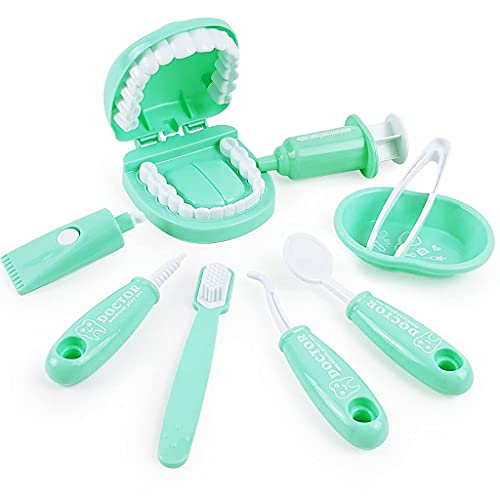 OPTSPTOY 9PCS Plastic Simulation Dentist Play Set Medical Kit Pretend Toy for Kids Hygienic Habbit Cultivation Role Play Game for Children 6 Colors PurplePinkYellowGreen Simple OPP Bag Packaging Green - Image 5
