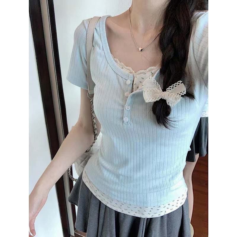 Pure Desire Floral Lace Two-Piece Short Sleeve Summer 2025 T-Shirt New Slim Fit Girl Short Top - Image 1
