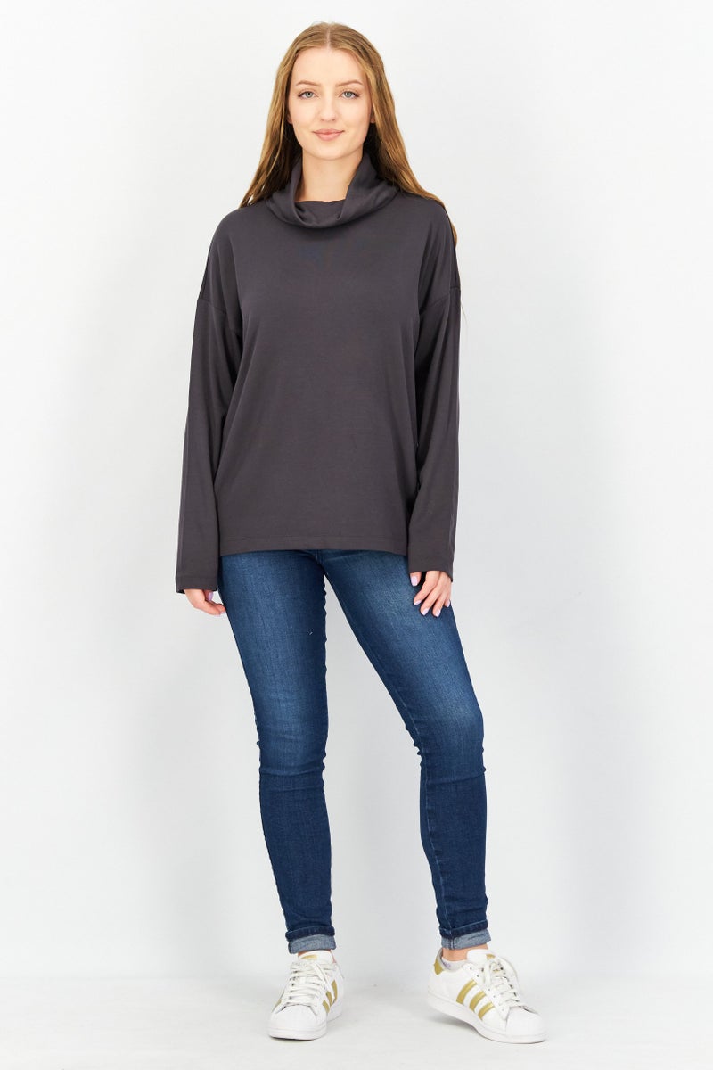 ESPRIT Women High Neck Plain Sweater, Grey - Image 3