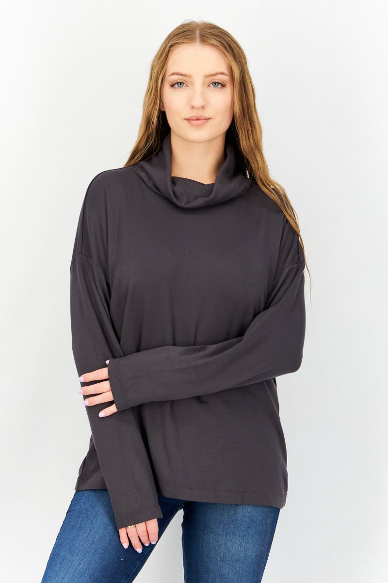 ESPRIT Women High Neck Plain Sweater, Grey - Image 1