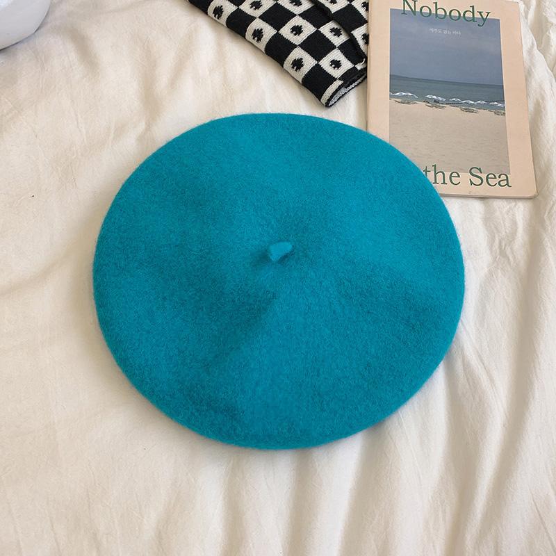 Womens Autumn/winter Korean Style Vintage Candy Color Woolen Beret Hat Self-designed Warm Stylish For Skullies Beanies Blue-Green 
