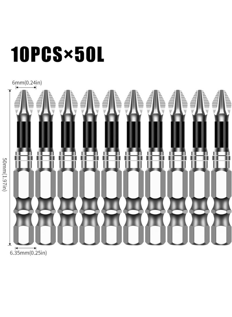10PCS Magnetic Screwdriver Bit Set 10pcs Anti Slip Screwdriver Bits Set 1/4 Inch Hex Shank S2 Steel Phillips Cross Slot PH2 Screwdriver Bits Mixed Length(50MM)  - Image 1