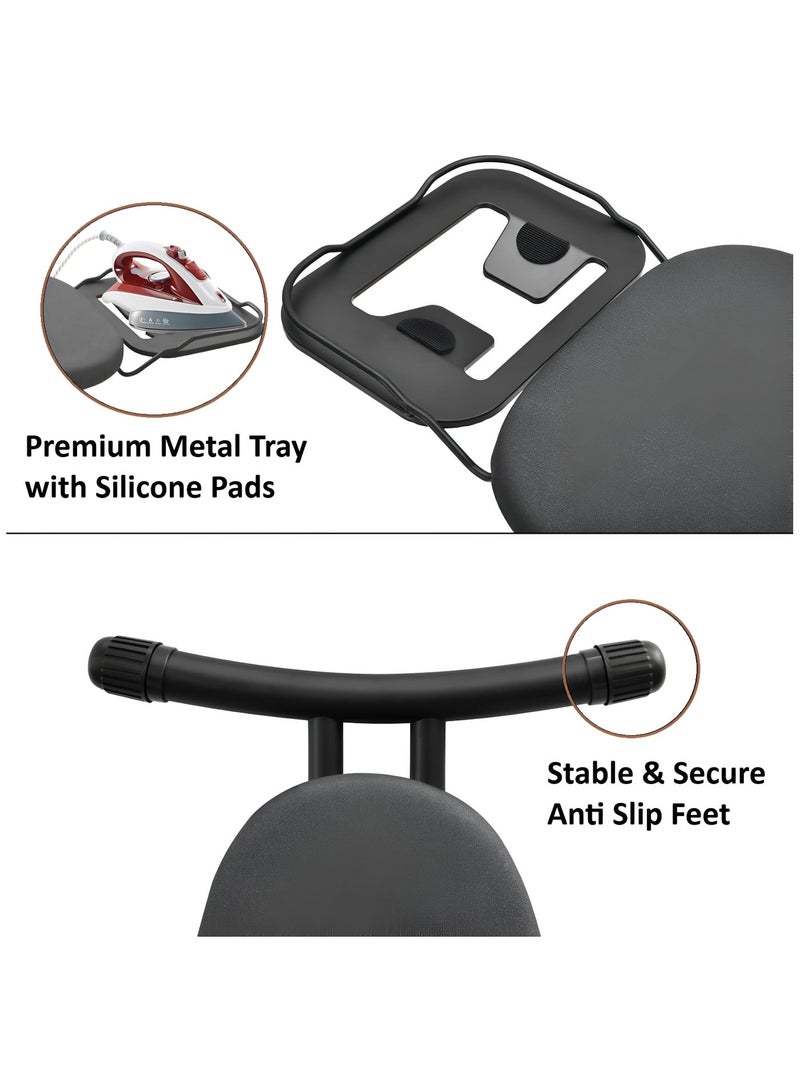 ESSENTIALS 360 Strong 110x33cm Wobble Free Ironing Board , Adjustable Height, Foldable with Jumbo Slicone Paded Iron Rest, Heavy Duty 32mm and 25mm Metal Frame , Space-Saving for Home, Laundry Room, Dorm Use – Black - Image 3