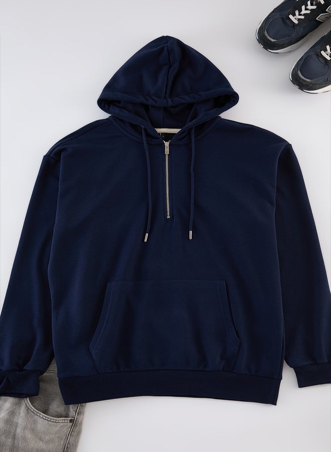 trendyol Navy Blue Basic Oversize/Wide Cut Zippered Hooded Basic Non-raised Sweatshirt - Image 3
