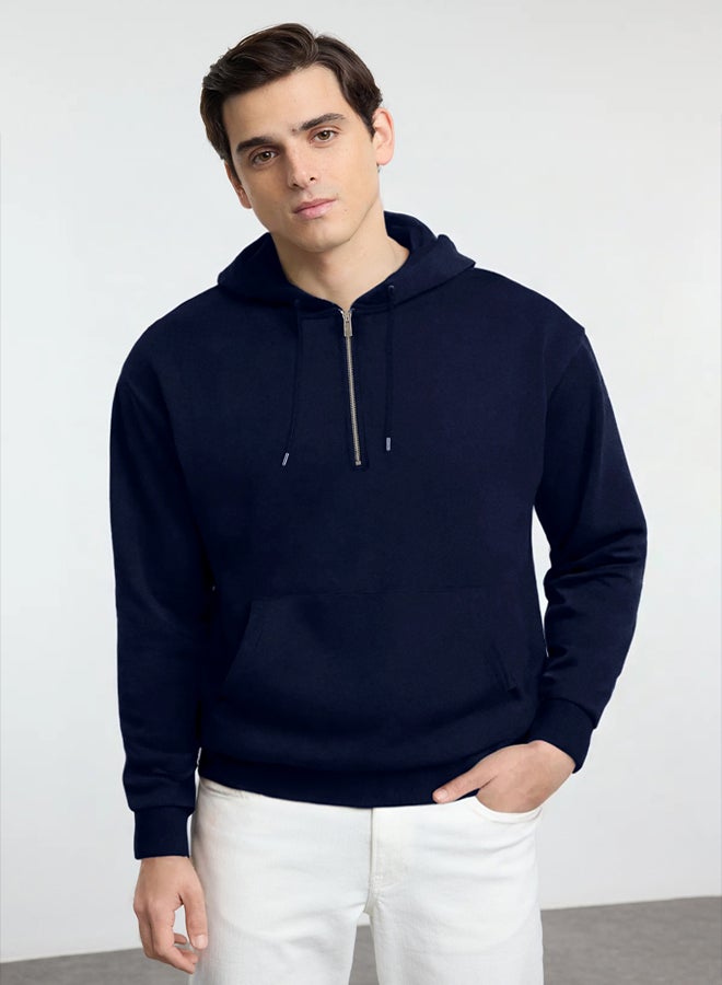 trendyol Navy Blue Basic Oversize/Wide Cut Zippered Hooded Basic Non-raised Sweatshirt - Image 2