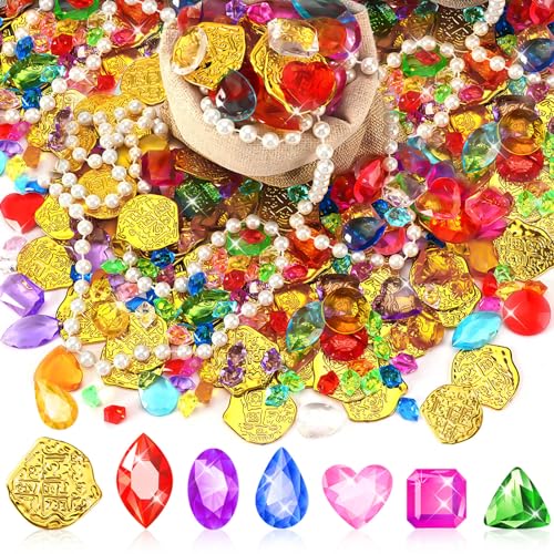 MARFOREVER Pool Toys Pirate Treasure Gems and Gold Coins 246 Pcs Fake Coins Plastic Gems Jewels Playset for Summer Sand Beach Bath Toys Halloween Pirate Adventure Party Favors Decorations - Image 1