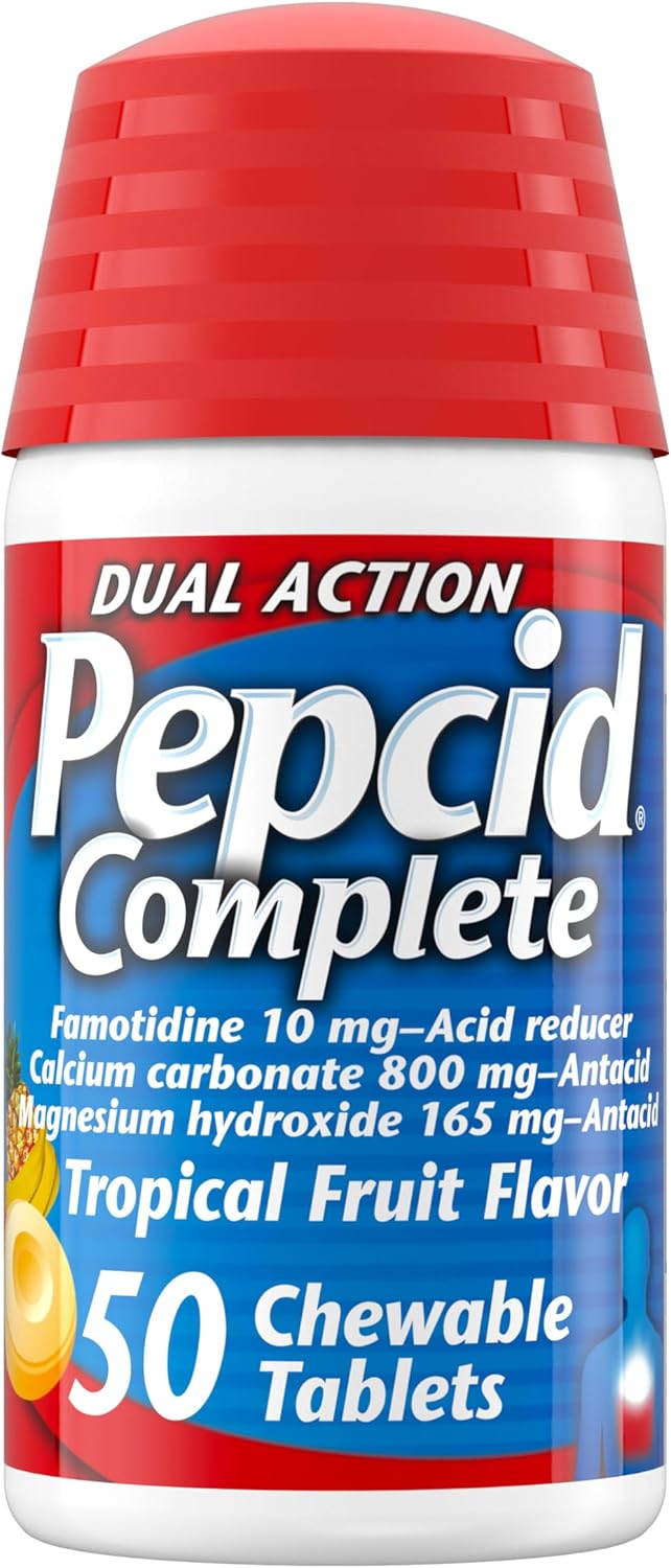 Pepcid Pepcid Complete Acid Reducer + Antacid Chewables, 10mg Famotidine, 800mg Calcium Carbonate & 165mg Magnesium Hydroxide per Heartburn Medicine Tablet, Antacid Chews, Tropical Fruit, 50 ct 