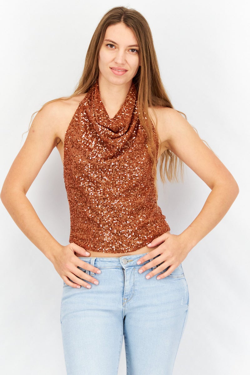 Reserved Women Halter Neck Sleeveless Textured Crop Top, Brown - Image 1