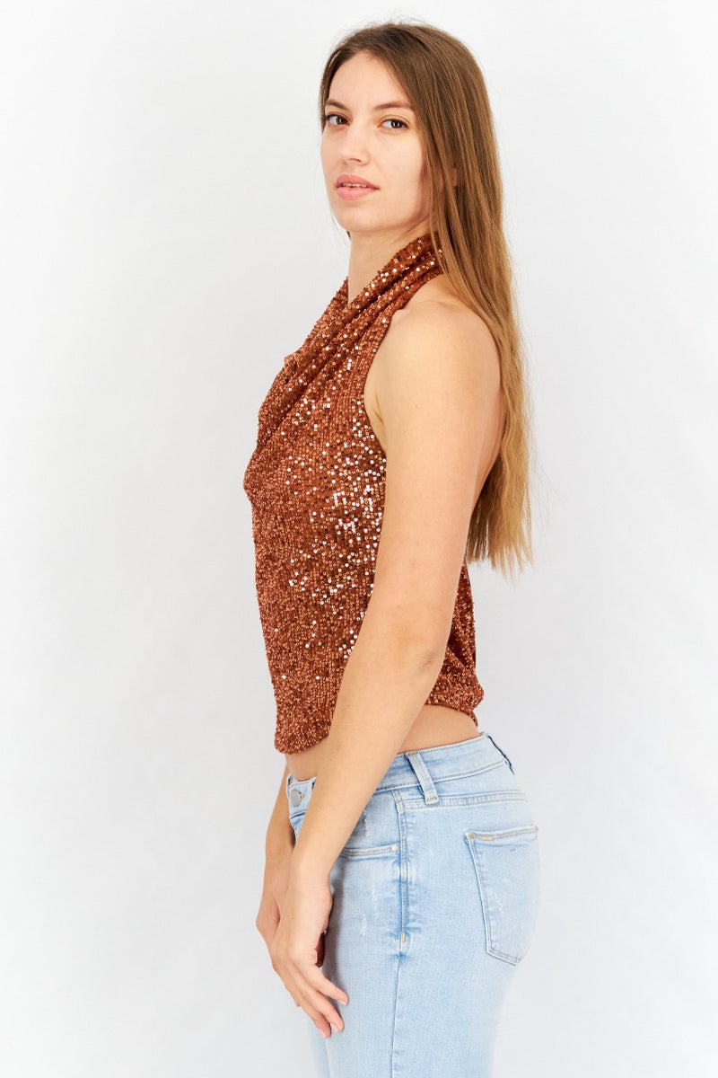 Reserved Women Halter Neck Sleeveless Textured Crop Top, Brown - Image 3