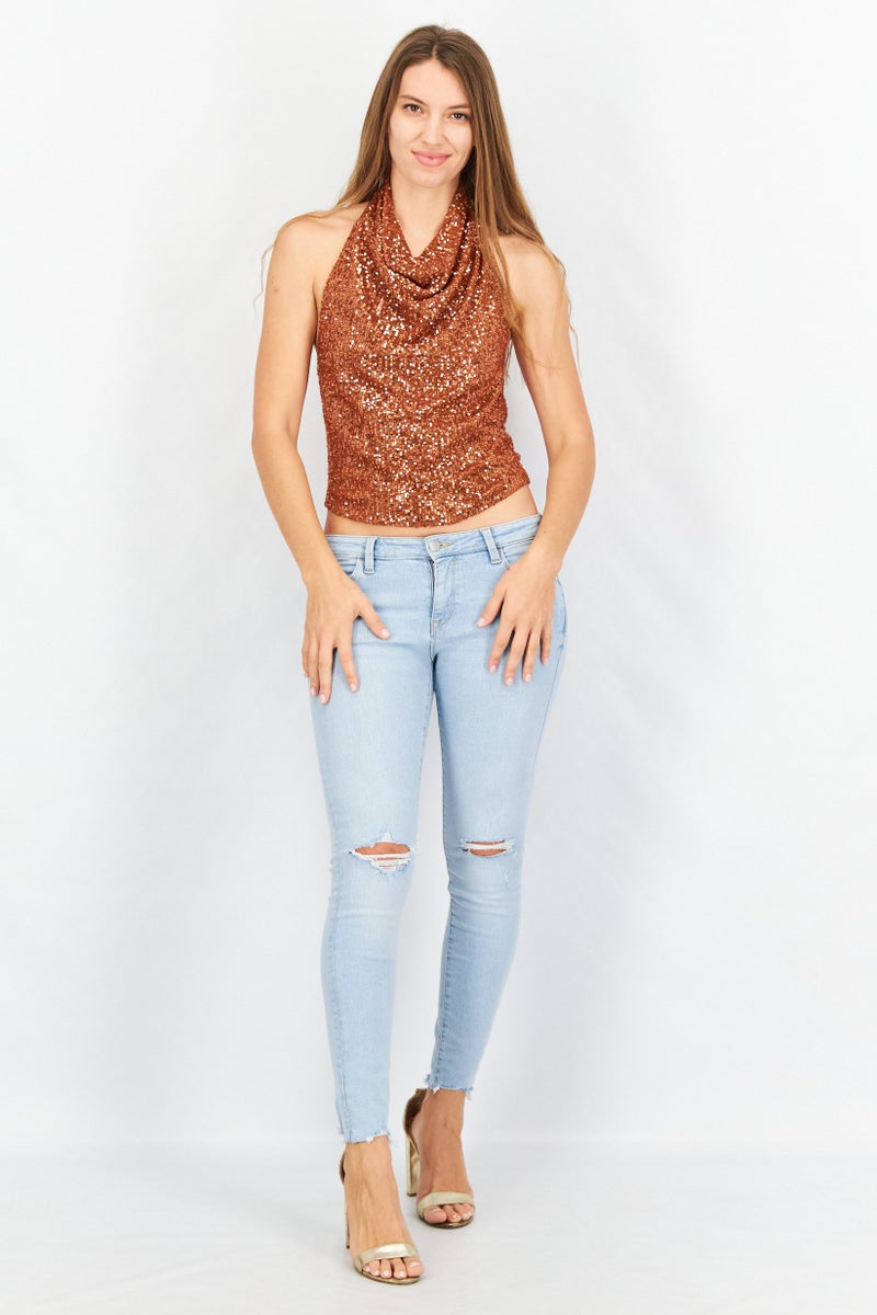 Reserved Women Halter Neck Sleeveless Textured Crop Top, Brown - Image 4