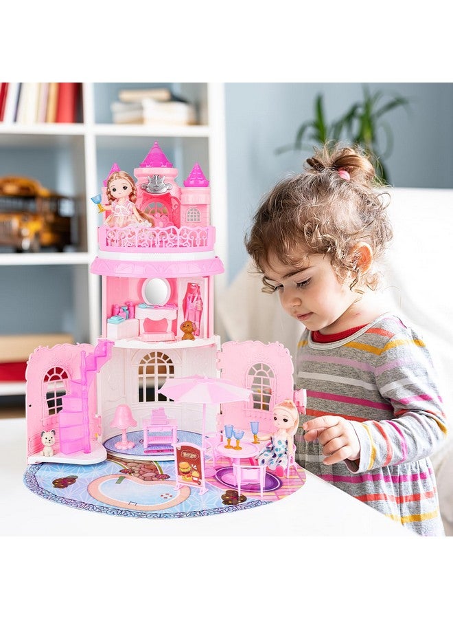 deAO Doll House For Girls Portable Playset Dollhouse Castle Kids Pretend Play Doll House With 2 Doll Toy Figures,Living Room,Bedroom,Balcony & Accessories For 3 To 7 Year Olds Kids (Pink) - Image 5