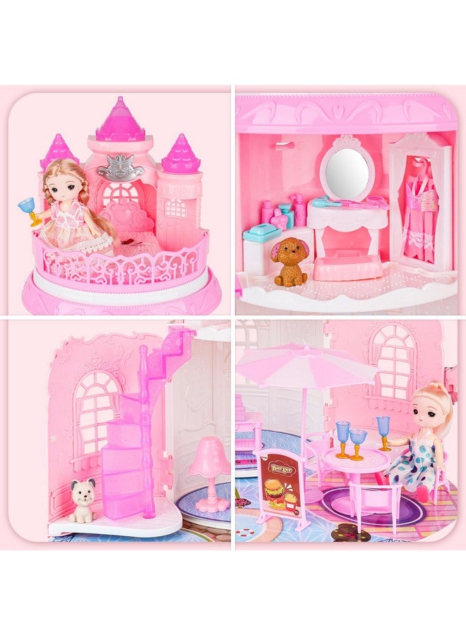 deAO Doll House For Girls Portable Playset Dollhouse Castle Kids Pretend Play Doll House With 2 Doll Toy Figures,Living Room,Bedroom,Balcony & Accessories For 3 To 7 Year Olds Kids (Pink) - Image 2
