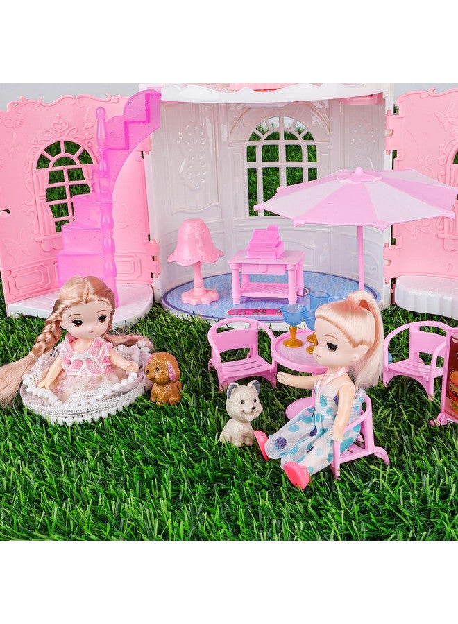 deAO Doll House For Girls Portable Playset Dollhouse Castle Kids Pretend Play Doll House With 2 Doll Toy Figures,Living Room,Bedroom,Balcony & Accessories For 3 To 7 Year Olds Kids (Pink) - Image 3