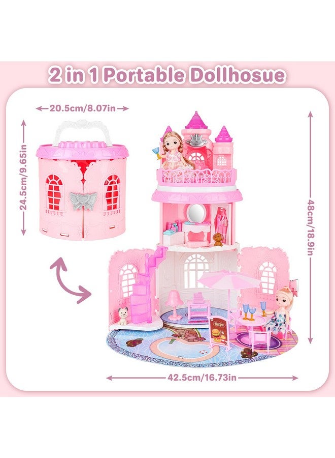 deAO Doll House For Girls Portable Playset Dollhouse Castle Kids Pretend Play Doll House With 2 Doll Toy Figures,Living Room,Bedroom,Balcony & Accessories For 3 To 7 Year Olds Kids (Pink) - Image 4