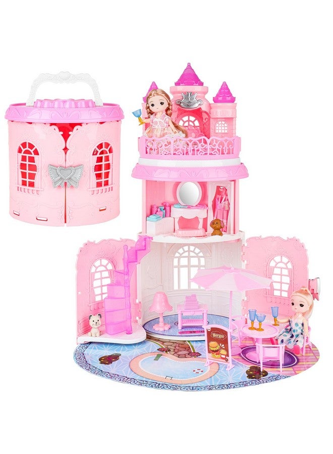 deAO Doll House For Girls Portable Playset Dollhouse Castle Kids Pretend Play Doll House With 2 Doll Toy Figures,Living Room,Bedroom,Balcony & Accessories For 3 To 7 Year Olds Kids (Pink) - Image 1