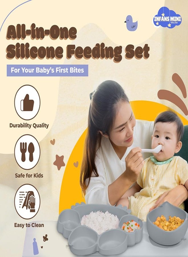 Infans Mini Silicone Baby Feeding Set 7 Pcs BPA-Free,Microwave Safe Tableware Kit for Babies & Toddlers Silicone Bib, Baby Cutleries and Tableware Set (Grey) - Image 2