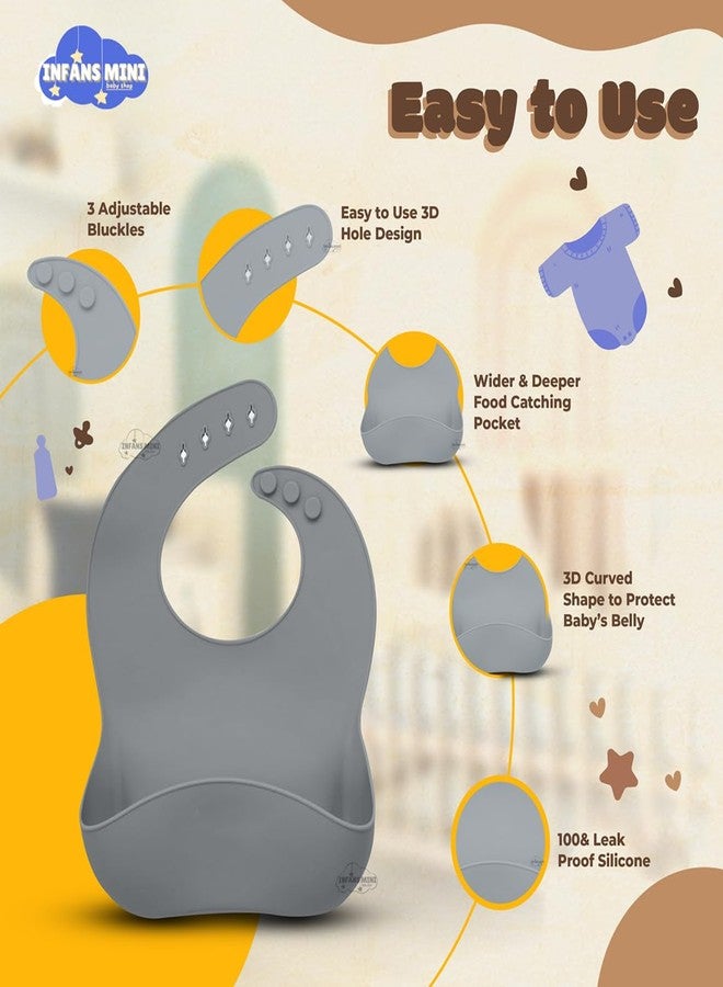 Infans Mini Silicone Baby Feeding Set 7 Pcs BPA-Free,Microwave Safe Tableware Kit for Babies & Toddlers Silicone Bib, Baby Cutleries and Tableware Set (Grey) - Image 5