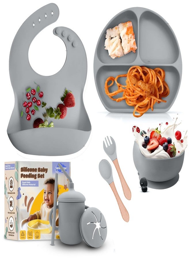 Infans Mini Silicone Baby Feeding Set 7 Pcs BPA-Free,Microwave Safe Tableware Kit for Babies & Toddlers Silicone Bib, Baby Cutleries and Tableware Set (Grey) - Image 1