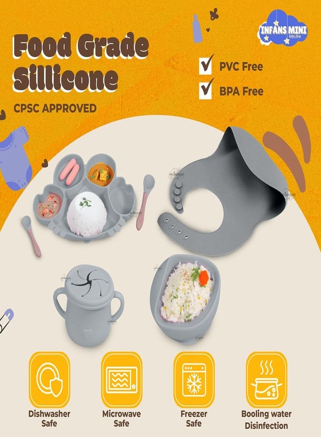 Infans Mini Silicone Baby Feeding Set 7 Pcs BPA-Free,Microwave Safe Tableware Kit for Babies & Toddlers Silicone Bib, Baby Cutleries and Tableware Set (Grey) - Image 3