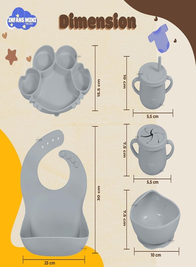 Infans Mini Silicone Baby Feeding Set 7 Pcs BPA-Free,Microwave Safe Tableware Kit for Babies & Toddlers Silicone Bib, Baby Cutleries and Tableware Set (Grey) - Image 4