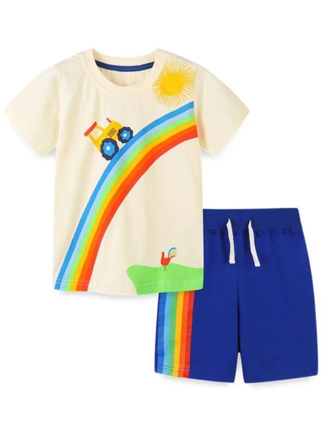 يونيكي Off White Crew Neck Short Sleeve Printed Tshirt & Shorts