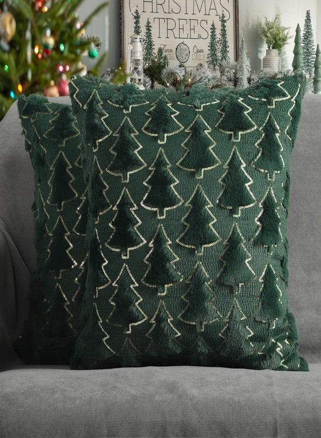 4TH Emotion Christmas Tree Decorative Pillow Covers 18x18 Set of 2, Green Soft Plush Faux Fur Farmhouse Throw Cushion Cases for Xmas Winter Holiday Home Decorations - Image 1