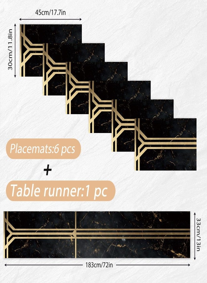 THISFIND Vintage Gold Table Runner and Placemats Set of 6, Dark Background with Golden Patterns Luxury Linen Table Decor for Formal Dining - Image 2