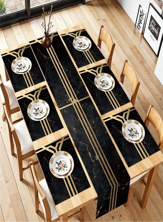 THISFIND Vintage Gold Table Runner and Placemats Set of 6, Dark Background with Golden Patterns Luxury Linen Table Decor for Formal Dining - Image 1