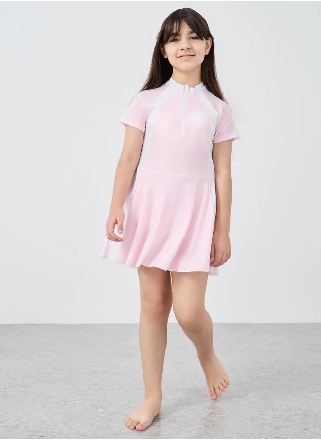 ستايلي Styli Color Block Short Sleeve Swim Suit with Shorts