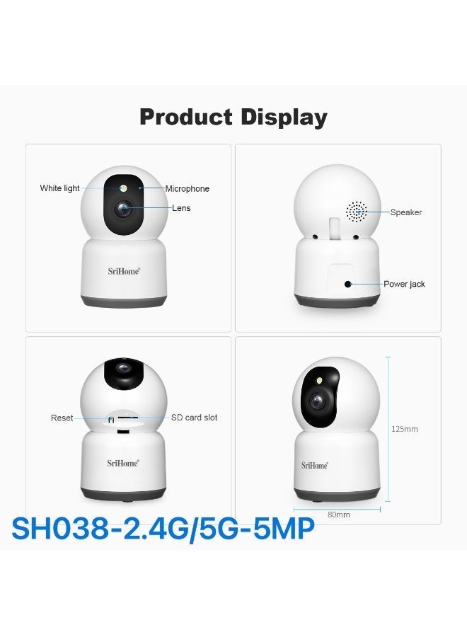 SriHome 5MP WiFi Indoor PTZ Security Camera with 2.4G/5G Dual Band, 355° Pan & 70° Tilt, AI Motion Detection, Color Night Vision, Two-Way Audio, Remote Viewing, SD Card Recording - Image 2