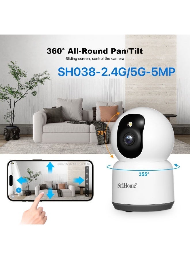 SriHome 5MP WiFi Indoor PTZ Security Camera with 2.4G/5G Dual Band, 355° Pan & 70° Tilt, AI Motion Detection, Color Night Vision, Two-Way Audio, Remote Viewing, SD Card Recording - Image 3