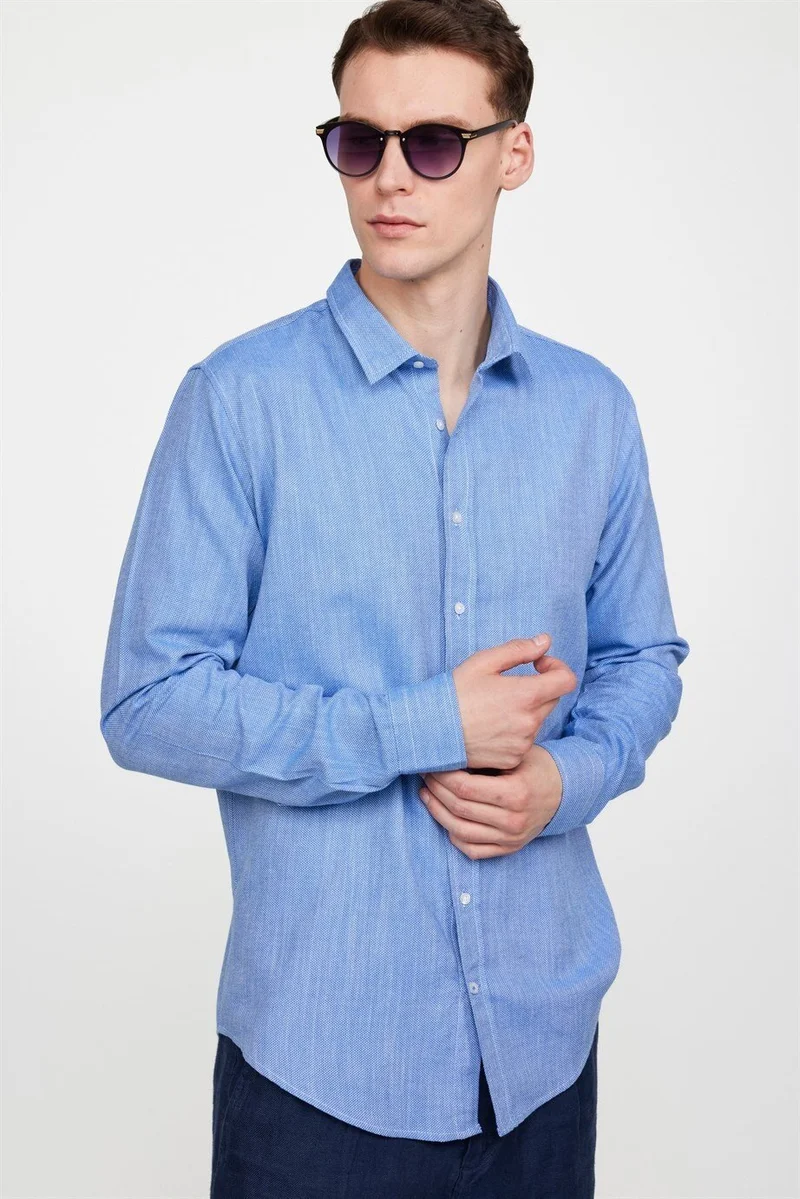 تودورس Men's Slim Fit Slim Cut Long Sleeve 100% Cotton Linen Texture Plain Binding Blue Shirt