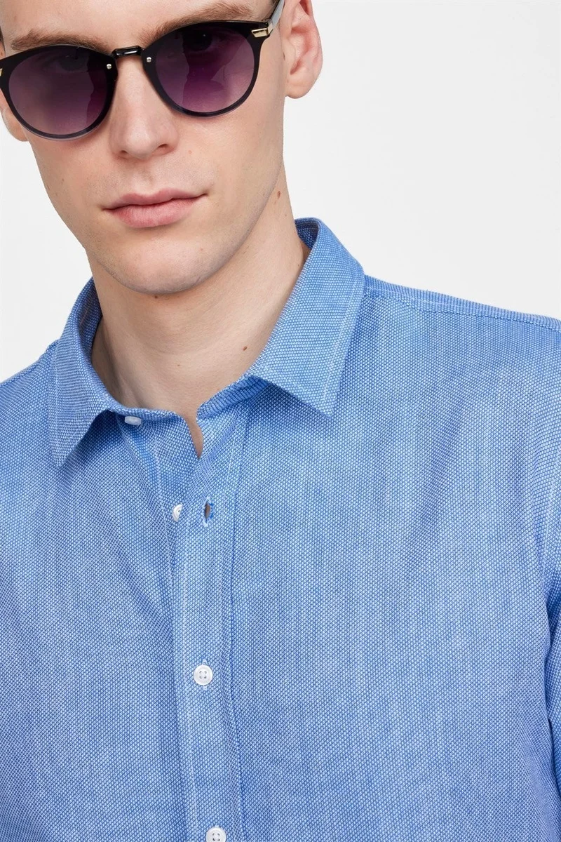 Tudors Men's Slim Fit Slim Cut Long Sleeve 100% Cotton Linen Texture Plain Binding Blue Shirt