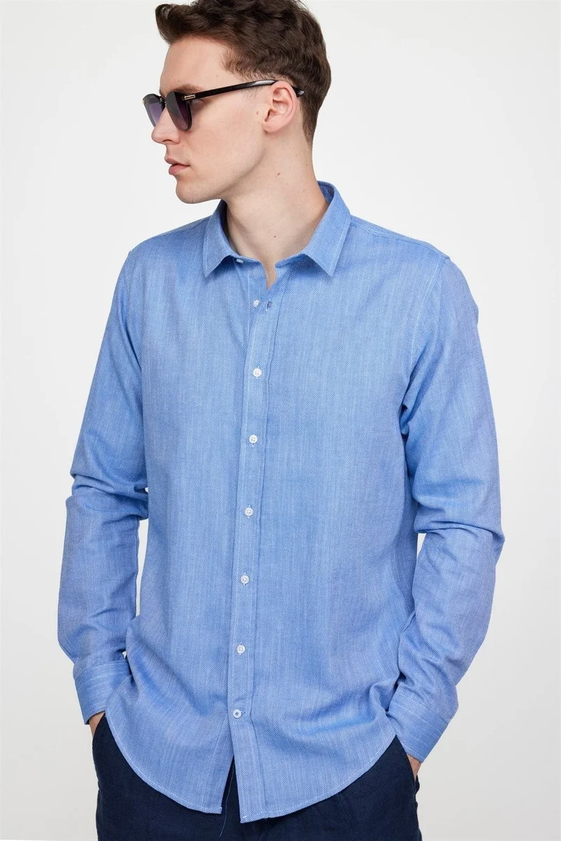تودورس Men's Slim Fit Slim Cut Long Sleeve 100% Cotton Linen Texture Plain Binding Blue Shirt