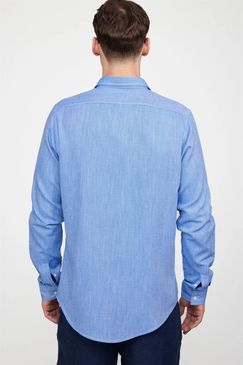 Tudors Men's Slim Fit Slim Cut Long Sleeve 100% Cotton Linen Texture Plain Binding Blue Shirt