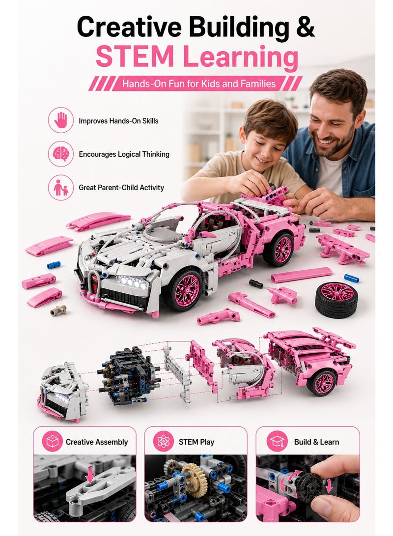 Al LIFE Motorized Remote Control Building Blocks Racing Car With LED Lights, 1:14 Scale Pink Sports Car Model Kit, STEM Educational Assembly Toy, RC Building Set Gift For Kids Boys Girls - Image 4