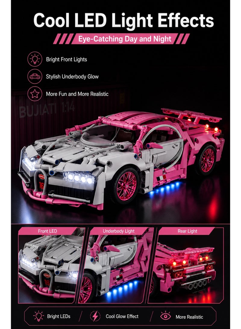 Al LIFE Motorized Remote Control Building Blocks Racing Car With LED Lights, 1:14 Scale Pink Sports Car Model Kit, STEM Educational Assembly Toy, RC Building Set Gift For Kids Boys Girls - Image 3