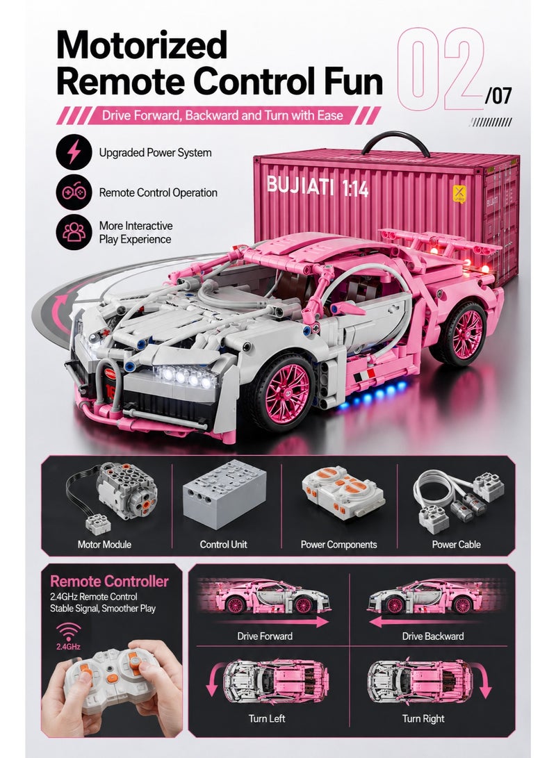 Al LIFE Motorized Remote Control Building Blocks Racing Car With LED Lights, 1:14 Scale Pink Sports Car Model Kit, STEM Educational Assembly Toy, RC Building Set Gift For Kids Boys Girls - Image 2