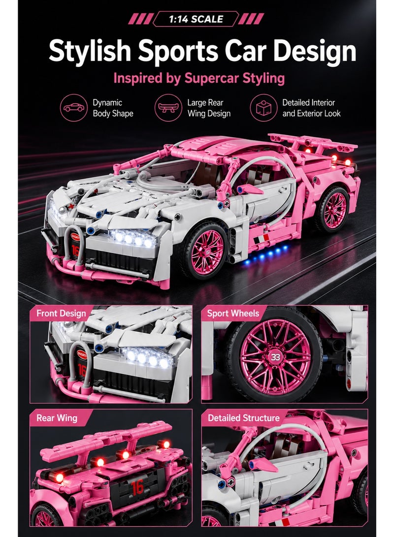 Al LIFE Motorized Remote Control Building Blocks Racing Car With LED Lights, 1:14 Scale Pink Sports Car Model Kit, STEM Educational Assembly Toy, RC Building Set Gift For Kids Boys Girls - Image 5