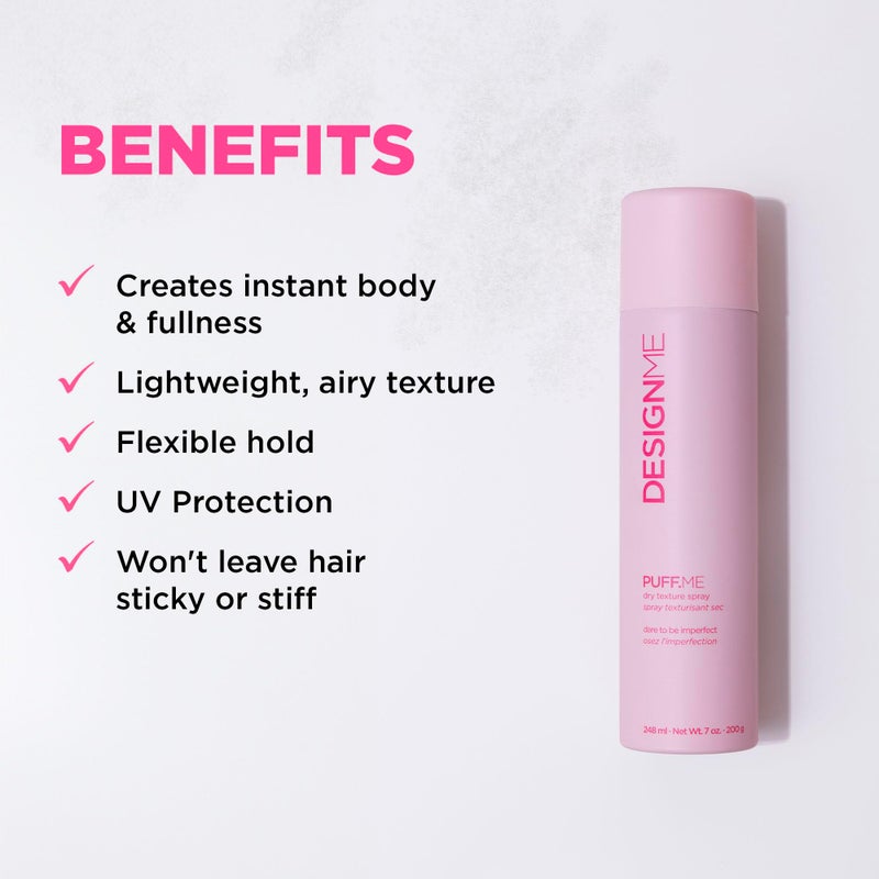 Design.Me PUFF.ME Volumizing Dry Texture Spray for Hair | Light Hold Hairspray for Straight or Wavy Hair | Color Safe Fine Hair Texture Spray | Paraben and Sulfate Free Hair Texturizer, (7 Oz) - Image 3