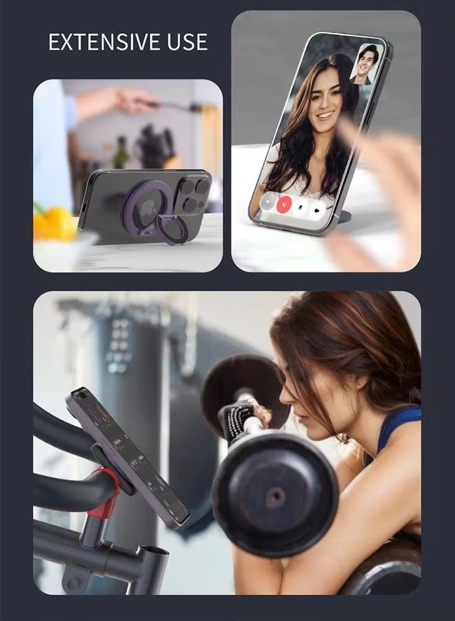Happy D Smartphone holder with a magnetic ring for MagSafe Dual-Side Magnetic technology. It serves as a removable gym phone grip with a kickstand, compatible with iPhone 16/15/14/13/12 series and magnetic car mounts - Image 5