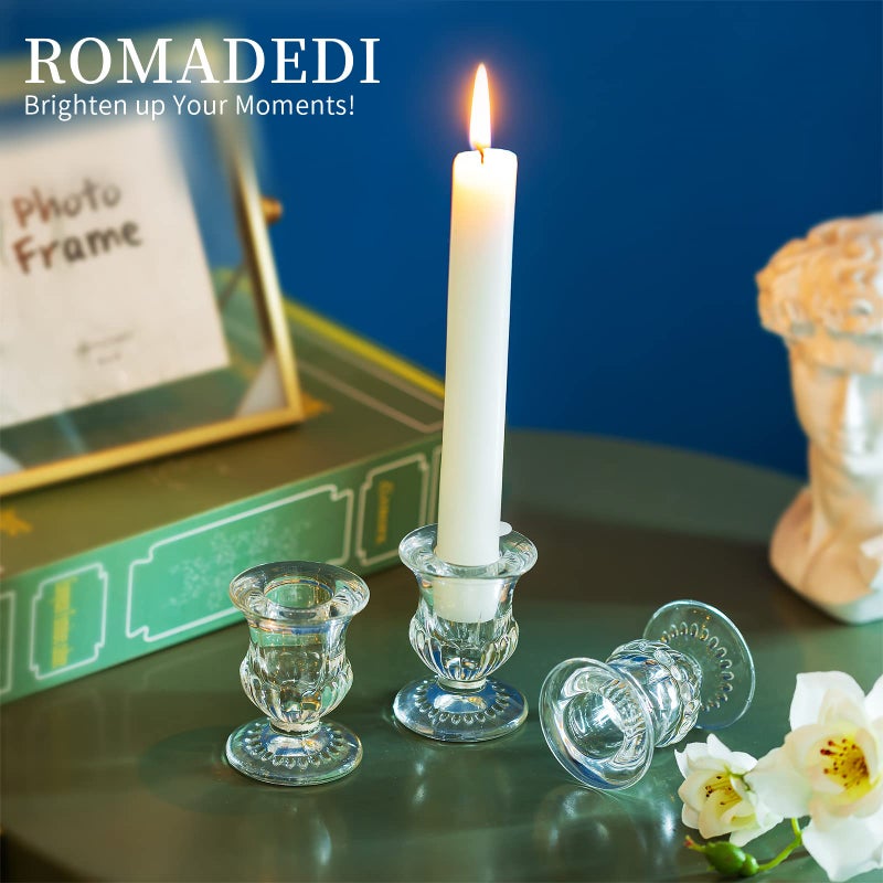 Romadedi Glass Taper Candle Holders - Clear Small Candlestick Holder Bulk, Thicker Glass Candle Sticks Set for Wedding Christmas Party Dining Table Table Centerpiece Decor, 2Pcs - Image 2